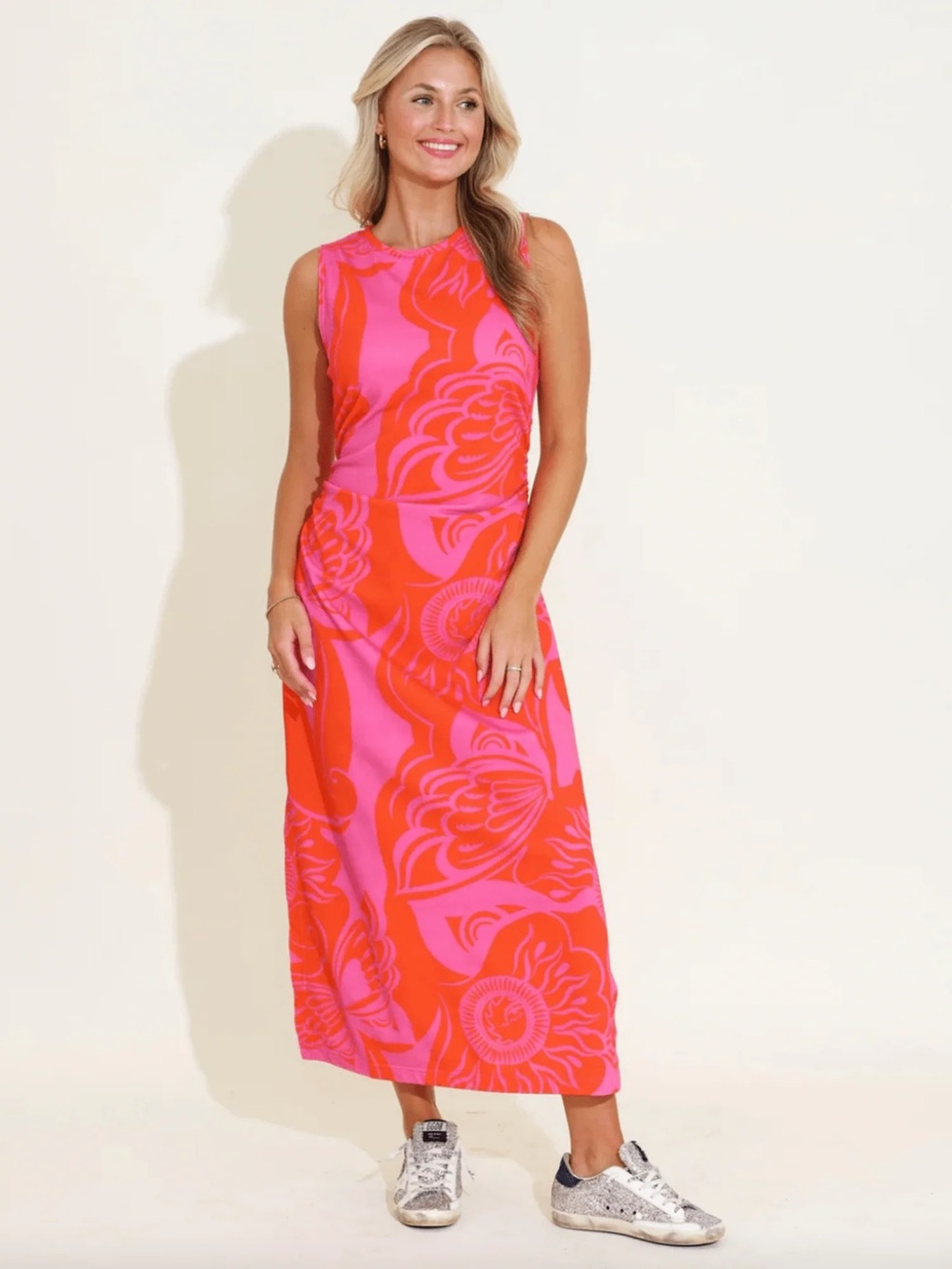 Alden Adair Georgia ruching sides slit maxi dress in bloom print pink - L